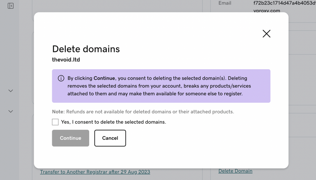 GoDaddy Confirm Domain Deletion