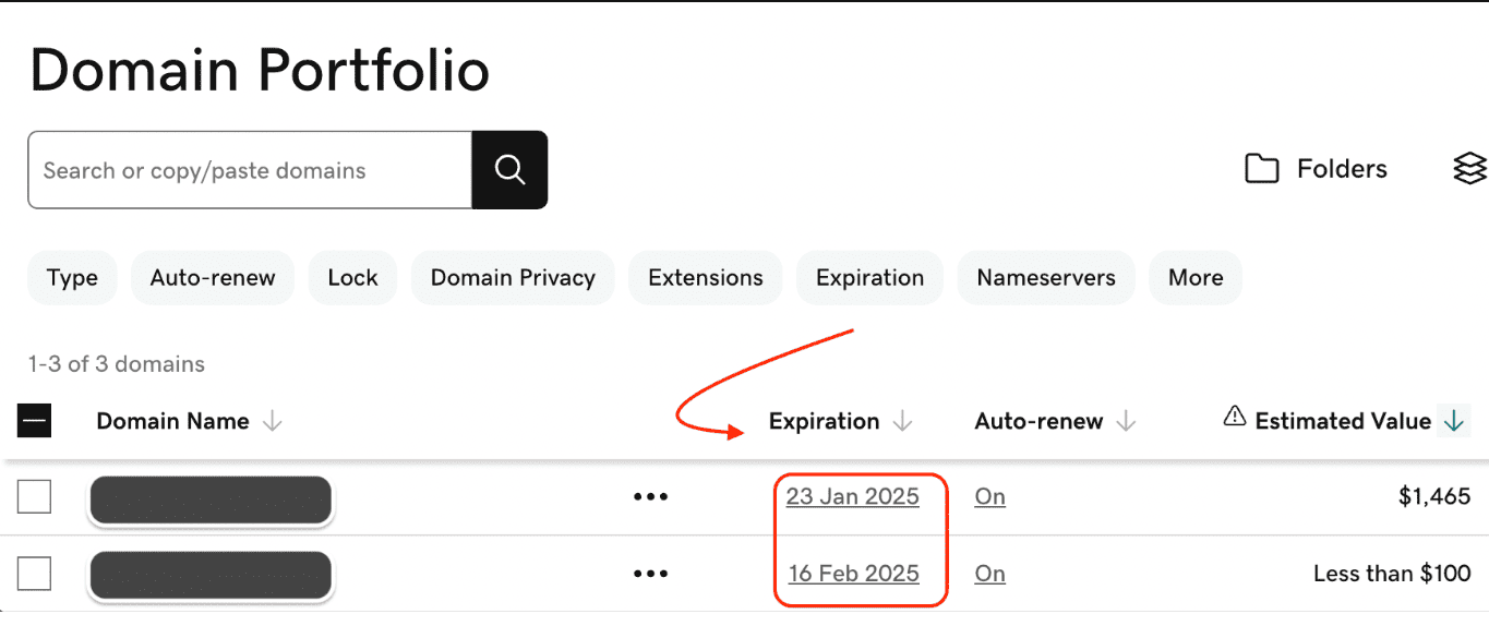 GoDaddy domain expiration date
