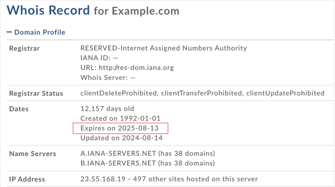 Domain expiration date using WHOIS lookup services