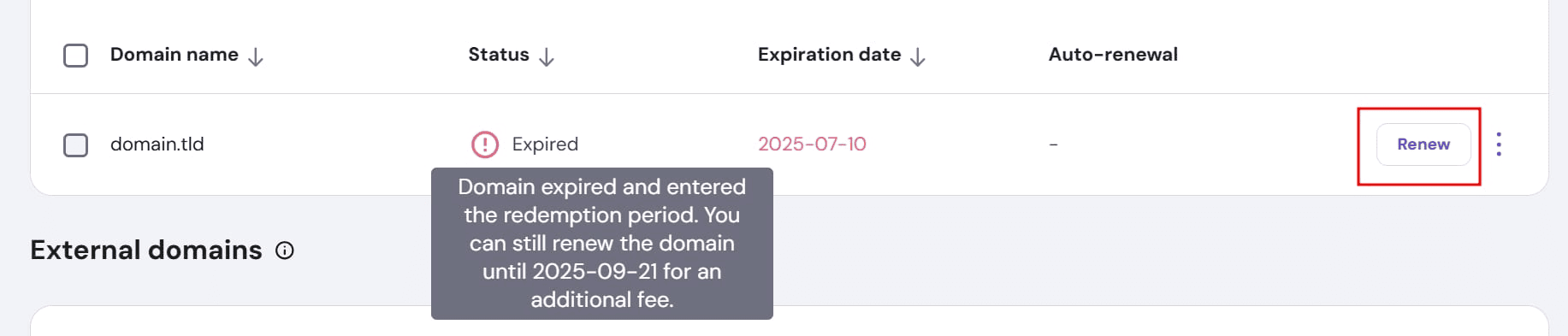 Renewing expired domains on Hostinger during redemption period