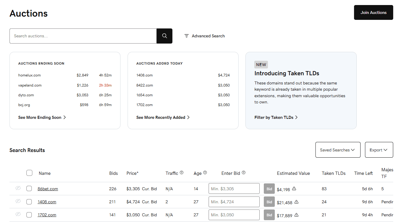 GoDaddy Auctions service for bidding on domains prior to official expiration