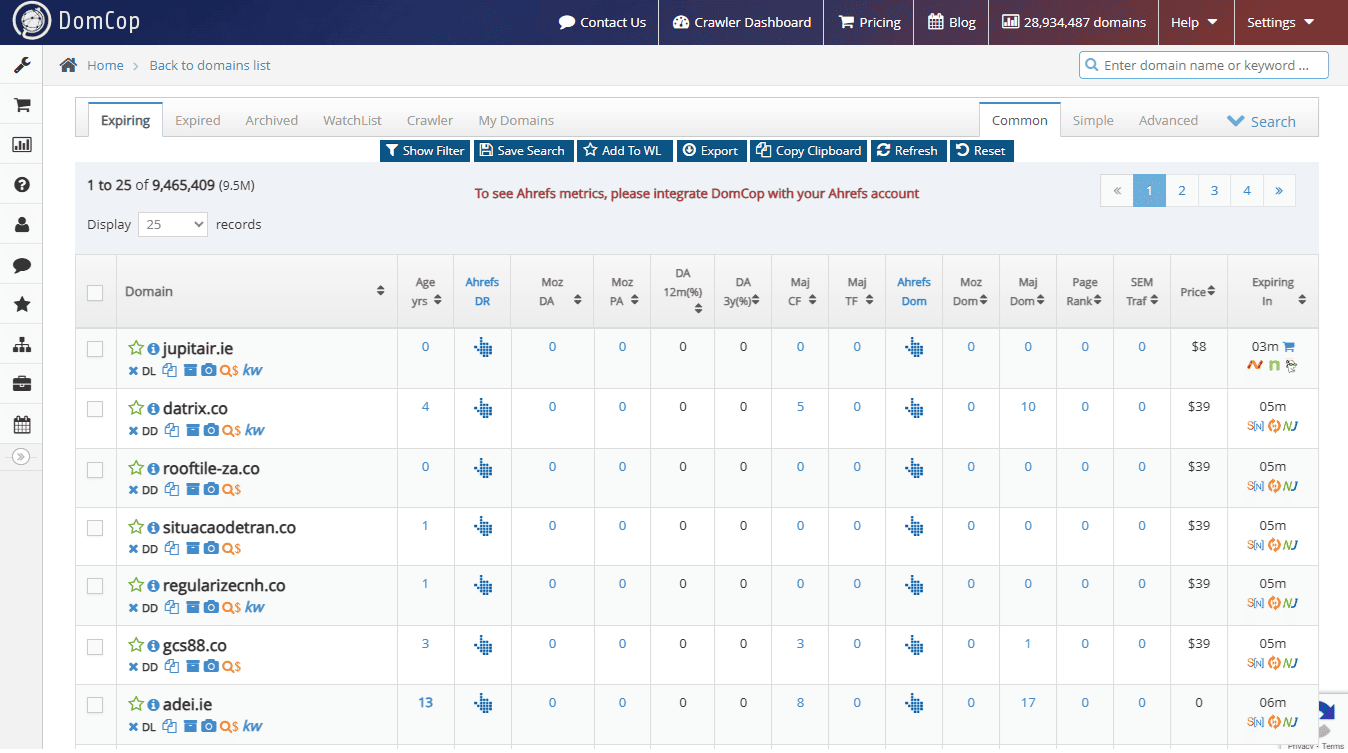 Domcop dashboard displaying search results for expiring, recently expired, and archived domains with filters and metrics visible