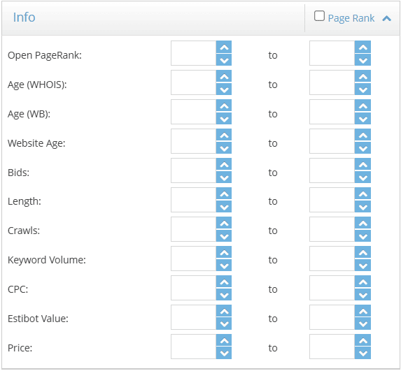 Info filter section displaying key domain metrics such as historical data, popularity indicators, and estimated domain value.
