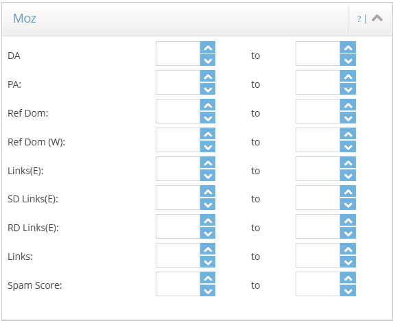 DomCop Moz filter section showing SEO metrics including Domain Authority (DA), Page Authority (PA), backlinks, and spam score