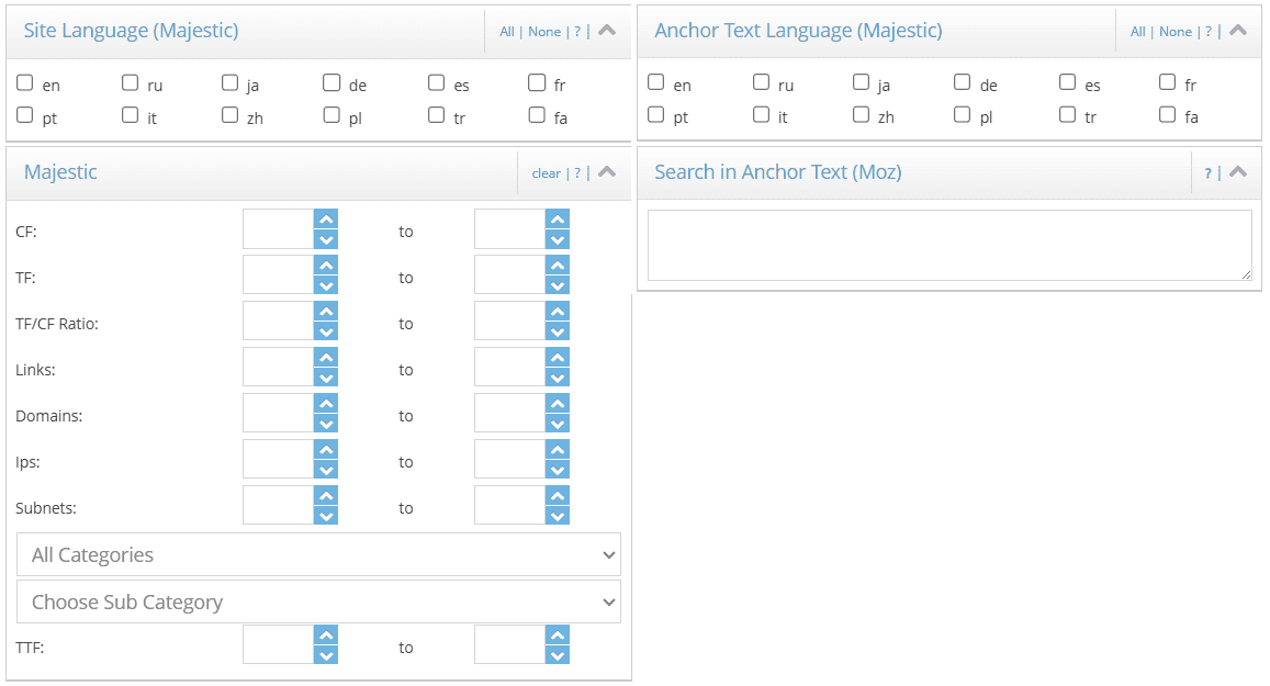 DomCop Language & Majestic filters panel displaying metrics such as site language, anchor text language, Trust Flow (TF), Citation Flow (CF), etc.
