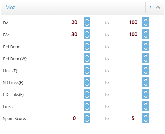 Moz filter panel showing SEO metrics fields for Domain Authority (DA), Page Authority (PA), referring domains etc