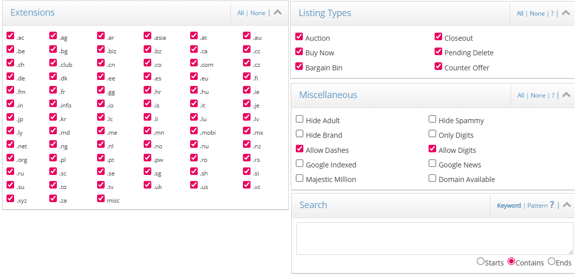 DomCop filters for Extensions, Listing Types, and Miscellaneous options, allowing users to refine domains by TLD, listing category, and additional criteria