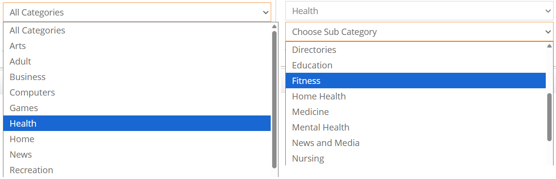 DomCop category filter showing Health selected as the main category and Fitness chosen as the subcategory for niche-specific domain results
