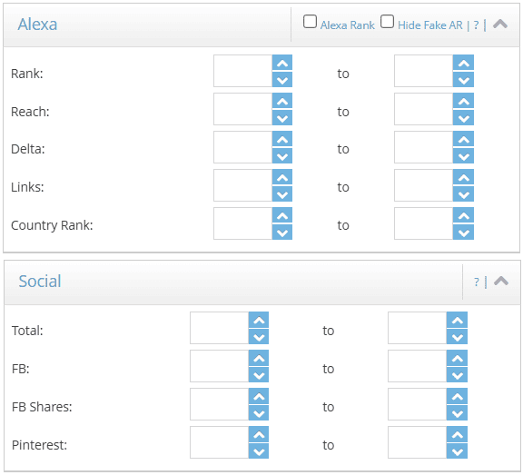 DomCop Social and Alexa filters panel showing social metrics (total shares, Facebook likes, Facebook shares, Pinterest activity) alongside Alexa data such as rank, reach, change (delta), and linking sites