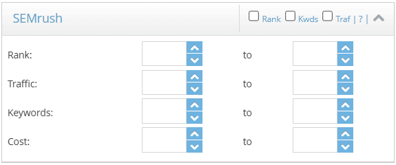 DomCop SEMrush filter section displaying search performance metrics including rank, estimated traffic, keyword count, and traffic cost