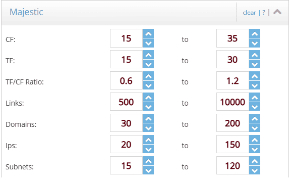 Majestic filter settings panel displaying range fields for Citation Flow (CF), Trust Flow (TF), TF/CF ratio, backlinks, referring domains, IPs, and subnets