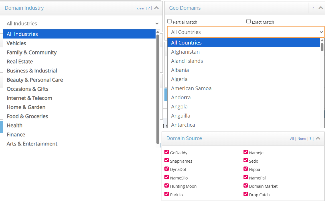 DomCop filter panel for Domain Source, Domain Industry, and Geo Domains, showing options to refine results by origin, niche category, and geographic targeting