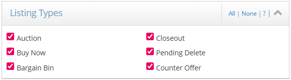 DomCop Listing Types filter displaying purchase options such as auction, closeout, and buy now for selecting how to acquire a domain