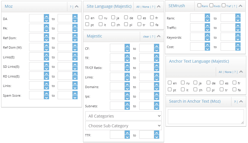 DomCop interface with SEO metrics filters from Moz, Majestic, and Semrush