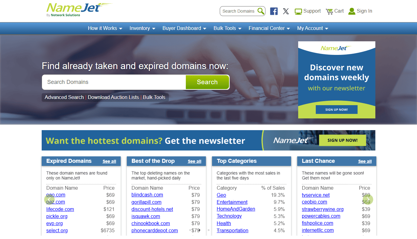Screenshot of the NameJet homepage showing the search bar, navigation menu, and lists of expired domains, top deleting domains, and top categories