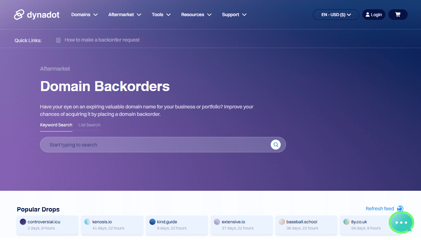 Screenshot of the Dynadot backorder homepage showing domain search, popular drops, and account navigation menu