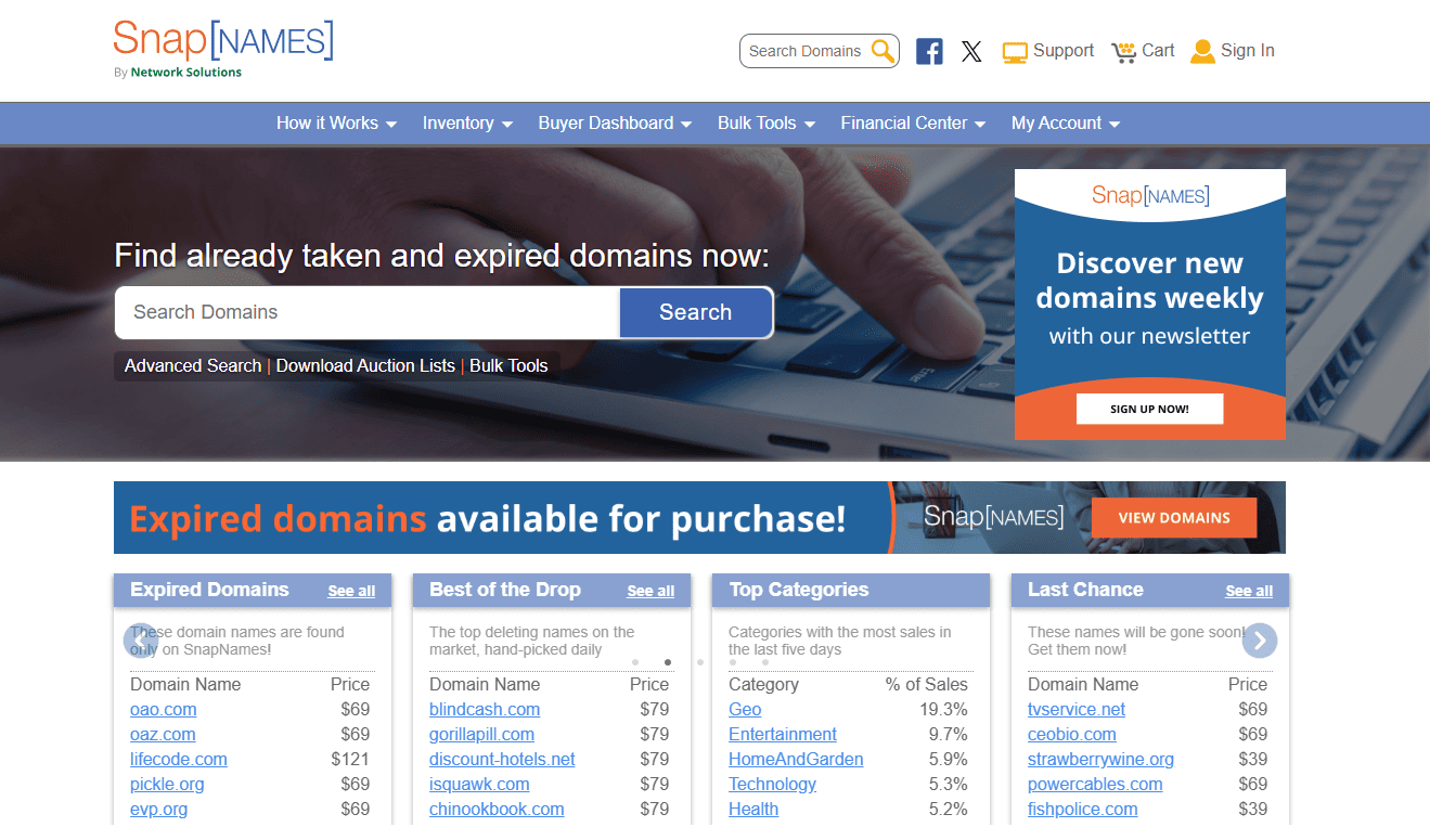 Screenshot of the SnapNames homepage showing the search bar, navigation menu, and lists of expired domains, top deleting domains, and top categories