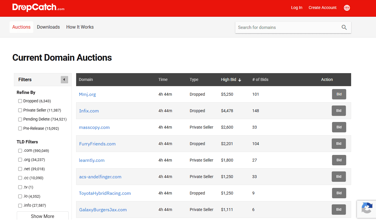 Screenshot of the DropCatch homepage displaying current domain auctions, a search bar, and the main navigation menu
