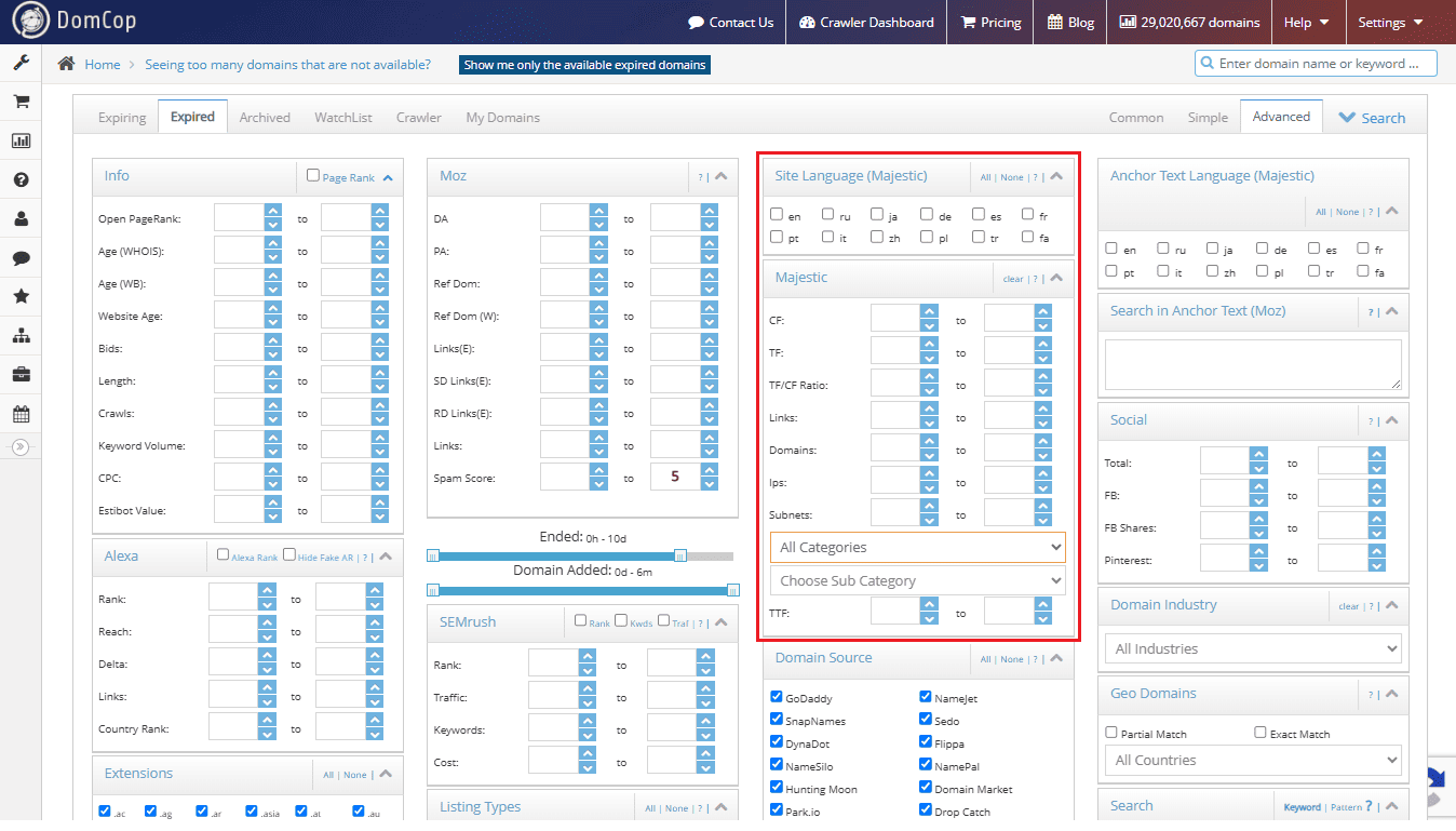 DomCop Majestic filter settings for finding expired domain with topical authority
