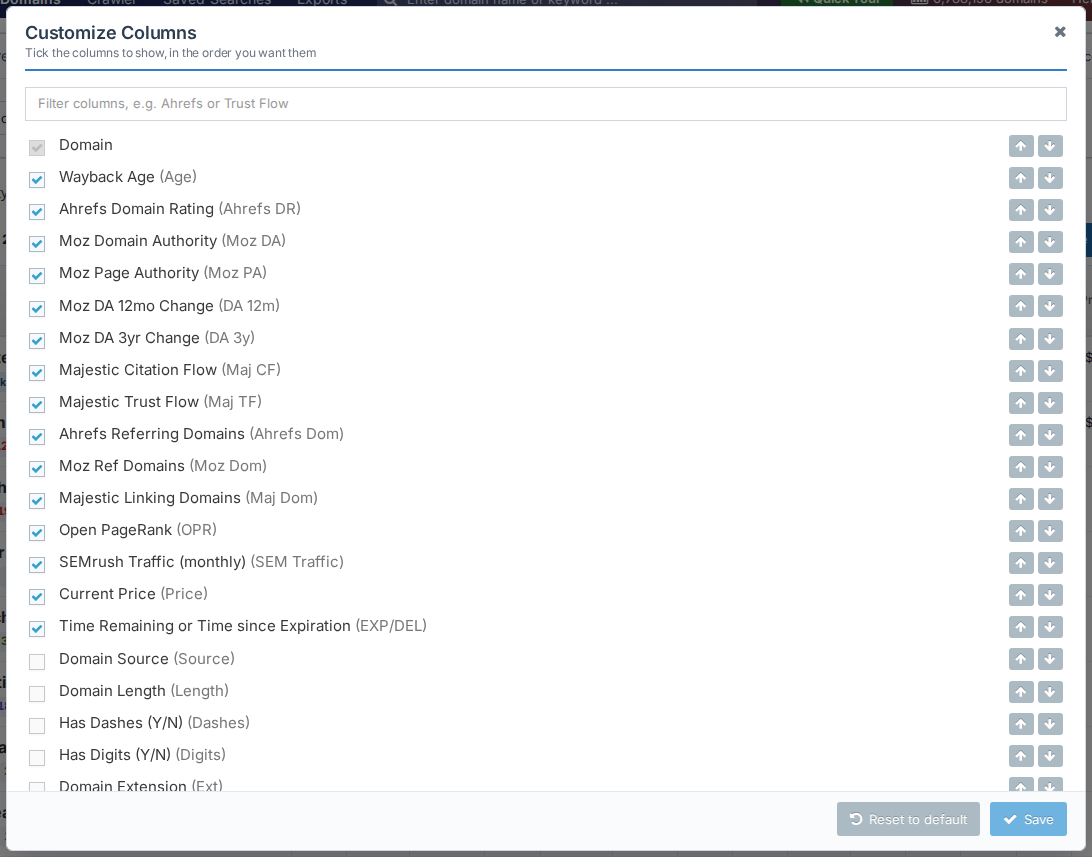The Customize Columns dialog