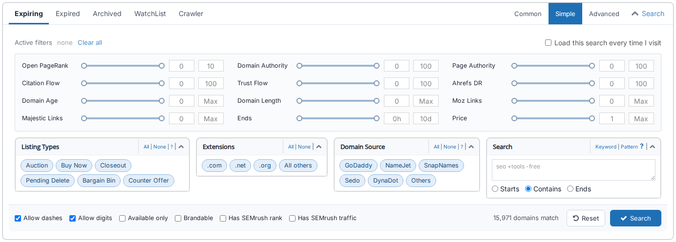 The simple search panel