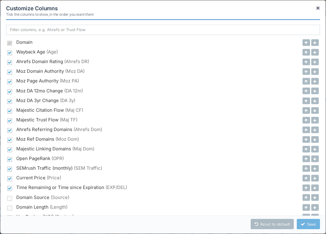 The Customize Columns dialog