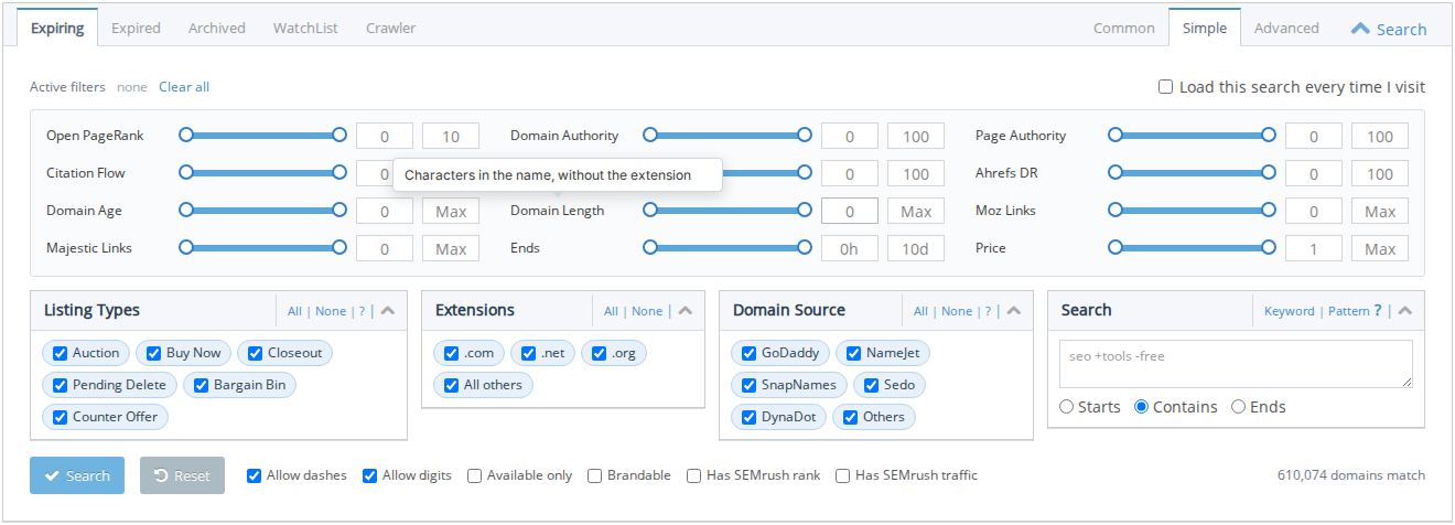 The simple search panel