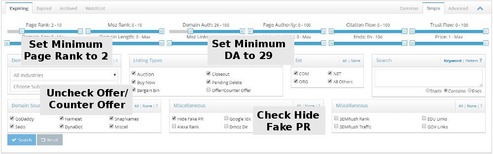 Setup Parameters to search for Expired Domains